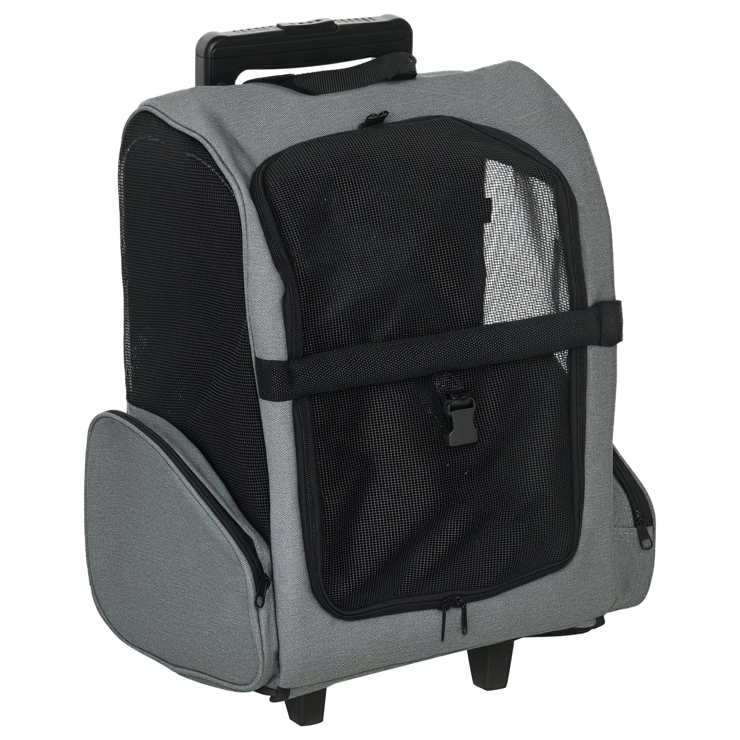 Photo of PawHut Pet Travel Backpack Bag Cat Puppy Dog Carrier w/ Trolley and Telescopic Handle Portable Stroller Wheel Luggage Bag (Grey) in (Grey) colour on a white background