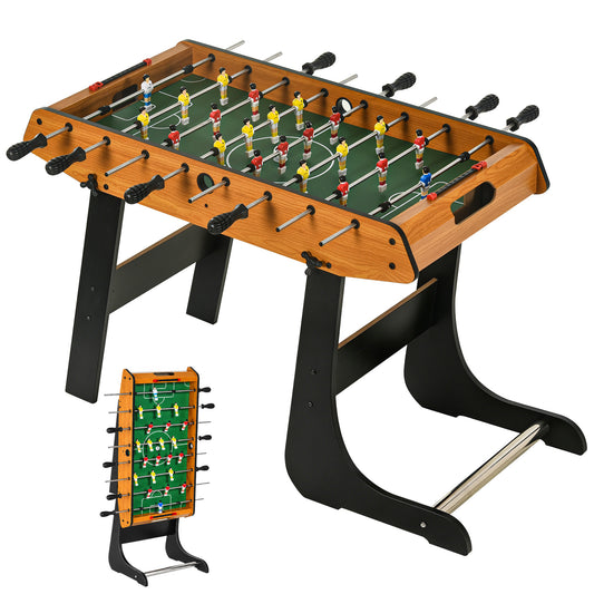 Wood-look mini foosball table with green playing field, black folding legs and player figures