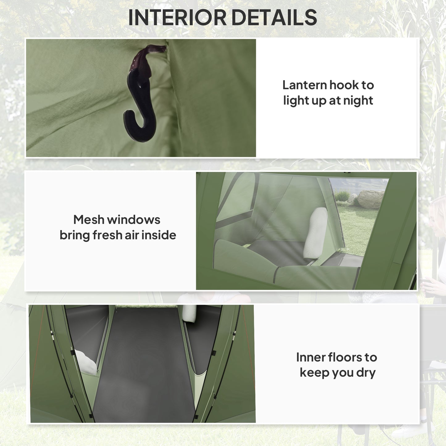 Outsunny 3 Man Camping Tent with Living Area and 2 Bedrooms, 3000mm Waterproof Family Tent with Sewn-in Groundsheet and bag, Portable Dome Shelter  for Hiking, Festival, Backpacking, Green