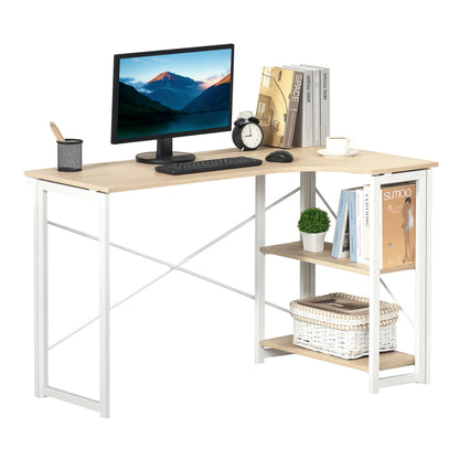 Oak-tone L-shaped computer desk with white metal frame and two storage shelves