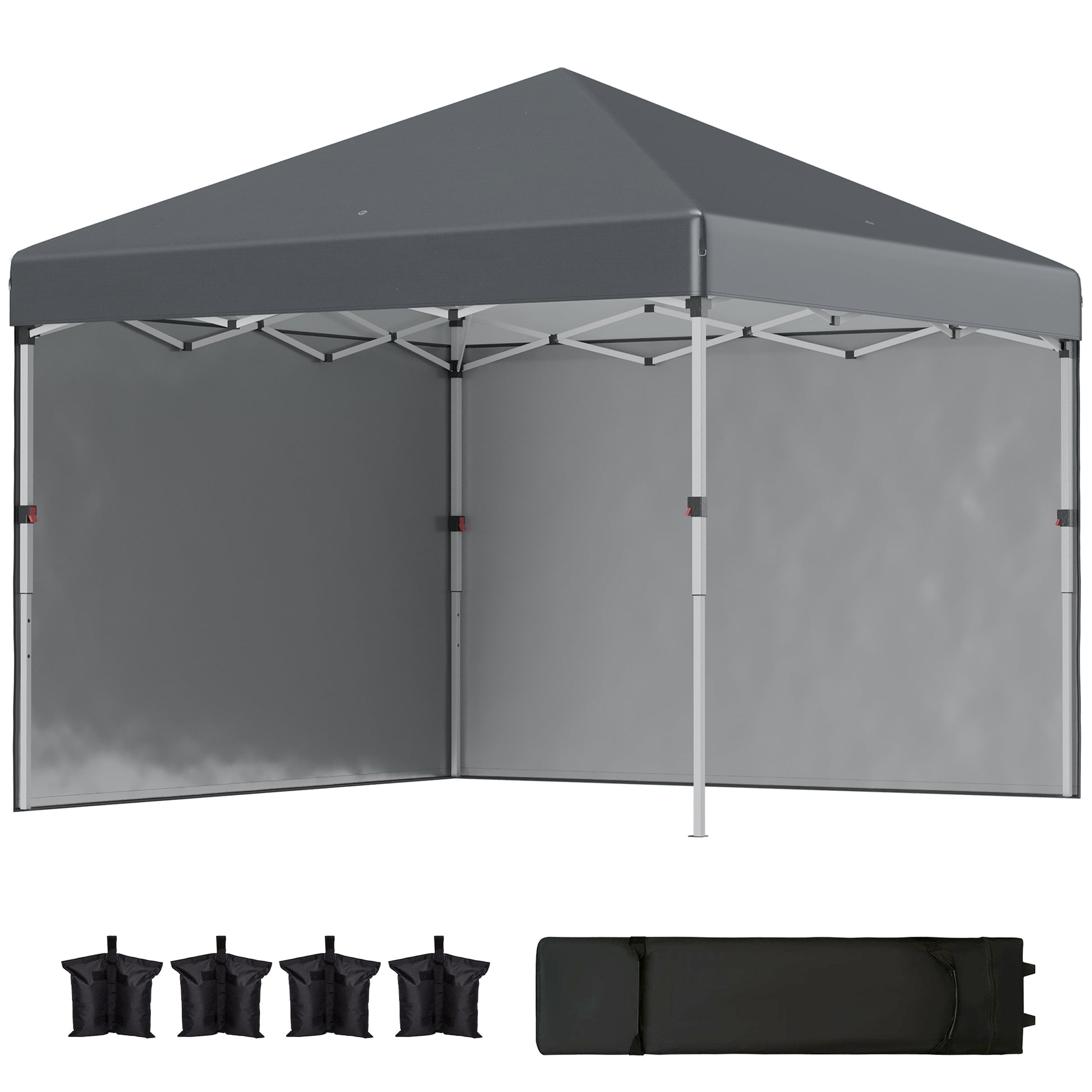 Photo of Outsunny 3 x 3 (M) Pop Up Gazebo, UPF 30+ with 2 Sidewalls, Leg Weight Bags and Wheeled Bag, Height Adjustable Party Tent Event Shelter for Garden, Patio, Dark Grey in Grey colour on a white background