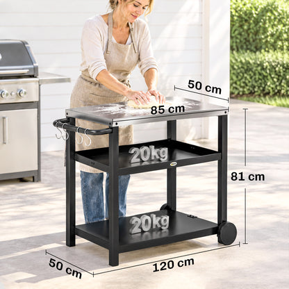 Outsunny grill cart with stainless steel worktop, two shelves, hooks, and wheels; dimensions shown