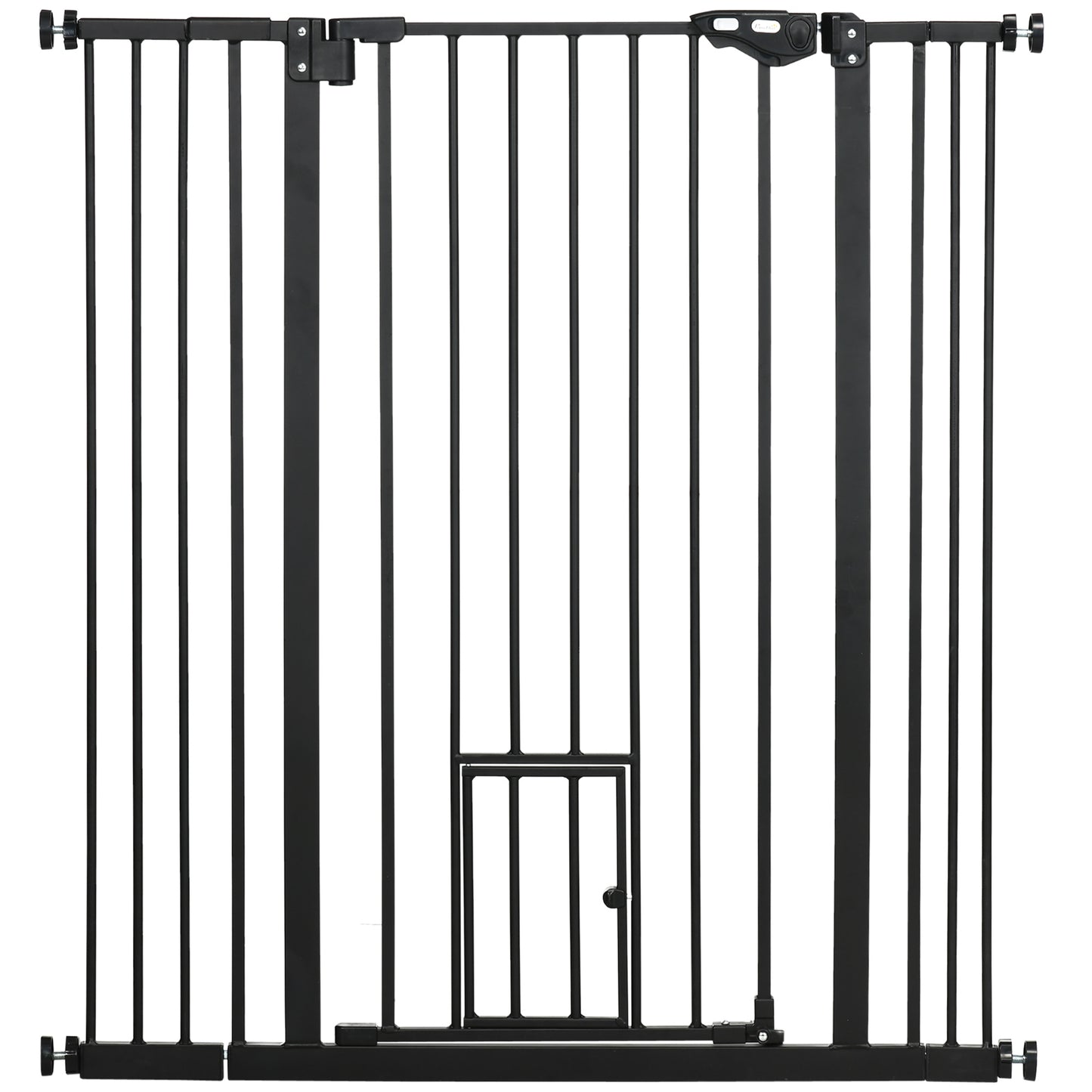Photo of PawHut Extra Tall Pet Gate, Indoor Dog Safety Gate, with Cat Flap, Auto Close, 74-101cm Wide - Black in Black colour on a white background