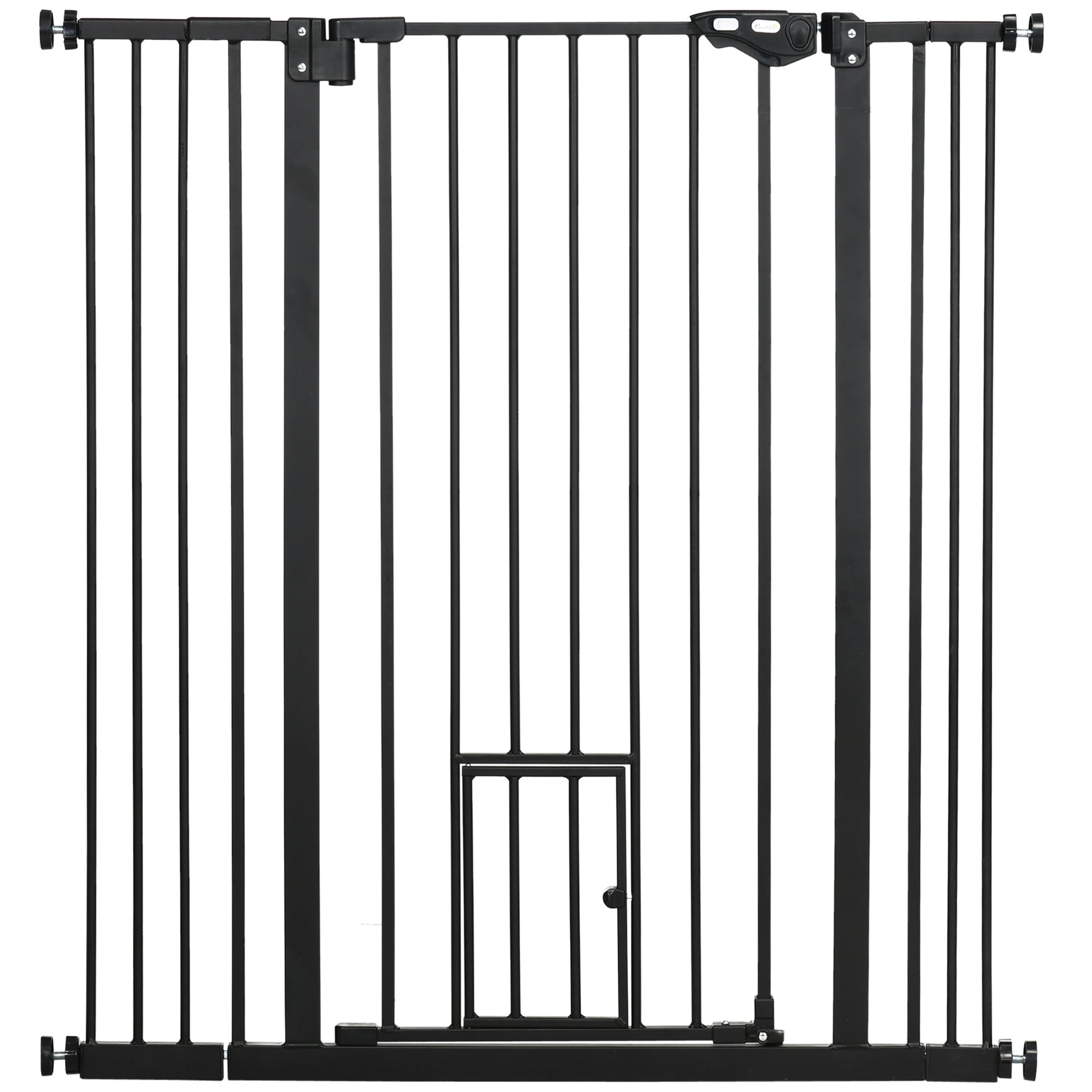 Photo of PawHut Extra Tall Pet Gate, Indoor Dog Safety Gate, with Cat Flap, Auto Close, 74-101cm Wide - Black in Black colour on a white background