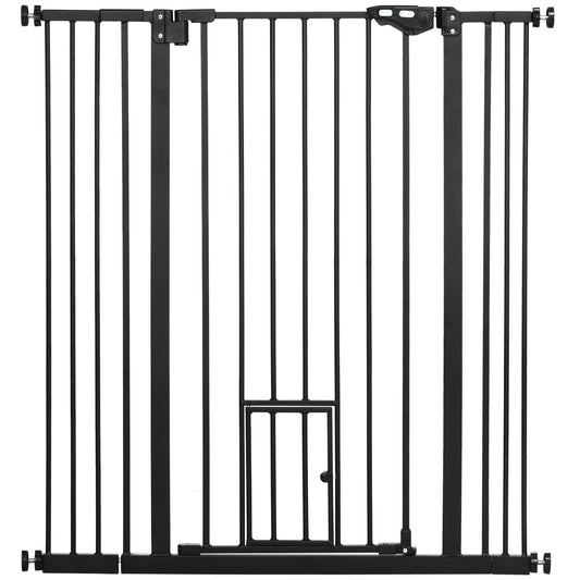 Photo of PawHut Extra Tall Pet Gate, Indoor Dog Safety Gate, with Cat Flap, Auto Close, 74-101cm Wide - Black in Black colour on a white background