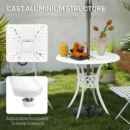 White cast aluminium garden table with openwork top, adjustable footpads, and ornate base