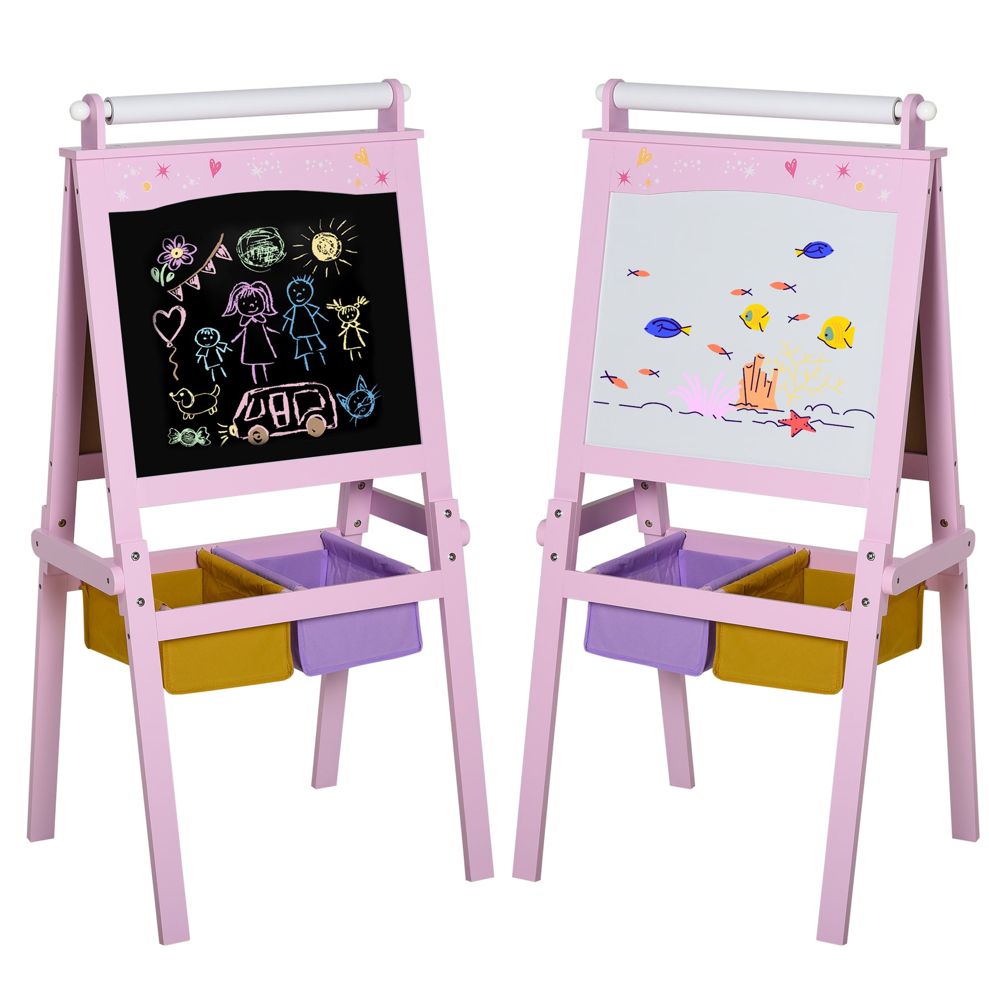 Photo of HOMCOM Kids Easel 3 in 1 Wooden Art Easel with Paper Roll Double-Sided Chalkboard & Whiteboard with Storage Baskets for Toddler Girls, Pink in Pink colour on a white background