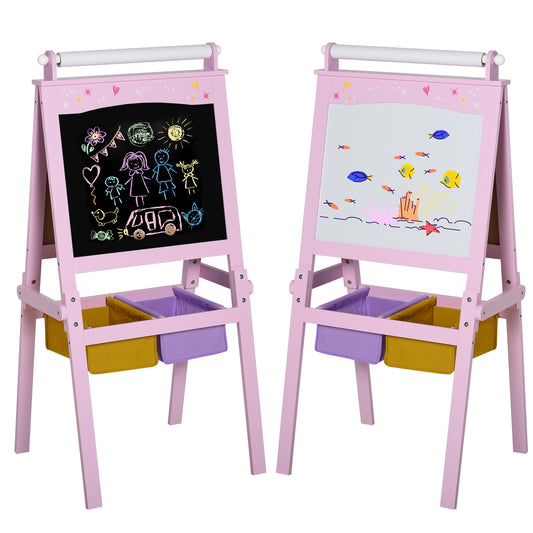 Photo of HOMCOM Kids Easel 3 in 1 Wooden Art Easel with Paper Roll Double-Sided Chalkboard & Whiteboard with Storage Baskets for Toddler Girls, Pink in Pink colour on a white background