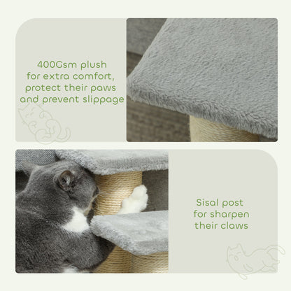 Close-ups of the stairs' soft gray plush platform and sisal-wrapped scratching post.