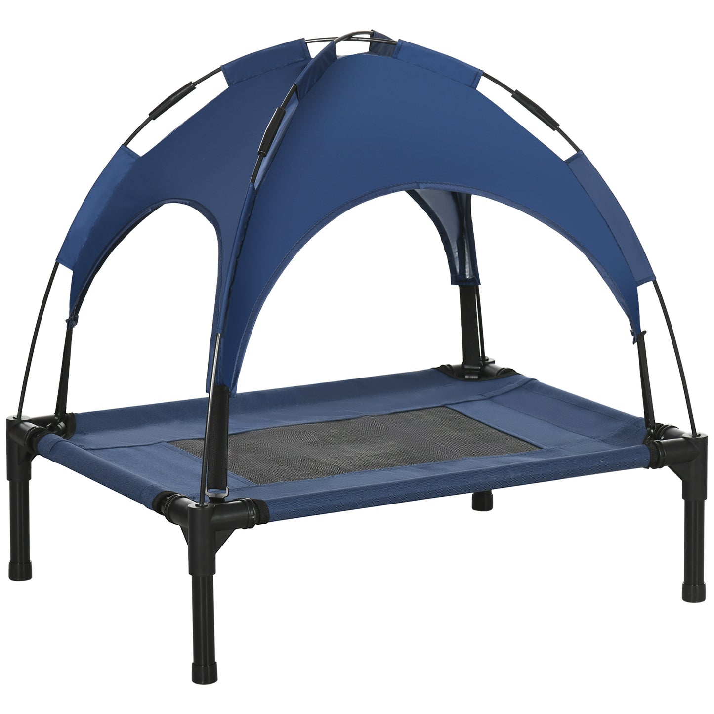 Photo of PawHut Outdoor Dog Bed with Removable Canopy, Portable Raised Dog Bed for Camping, Garden & Beach, Water-Resistant UV-Protection Mesh Pet Cot Sun Lounger, for Small Pets, 61 x 46 x 62 cm, Dark Blue in Blue colour on a white background
