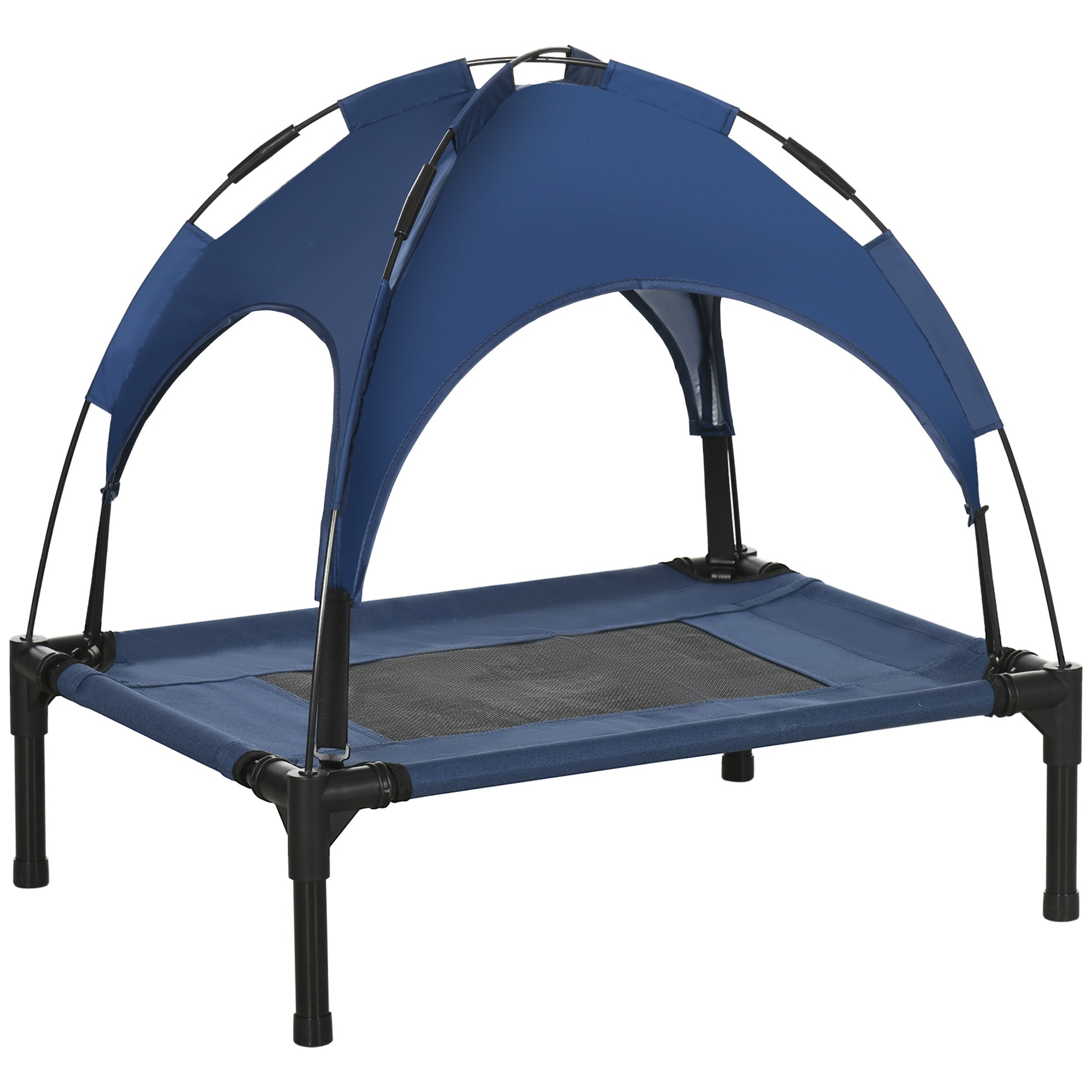 Photo of PawHut Outdoor Dog Bed with Removable Canopy, Portable Raised Dog Bed for Camping, Garden & Beach, Water-Resistant UV-Protection Mesh Pet Cot Sun Lounger, for Small Pets, 61 x 46 x 62 cm, Dark Blue in Blue colour on a white background