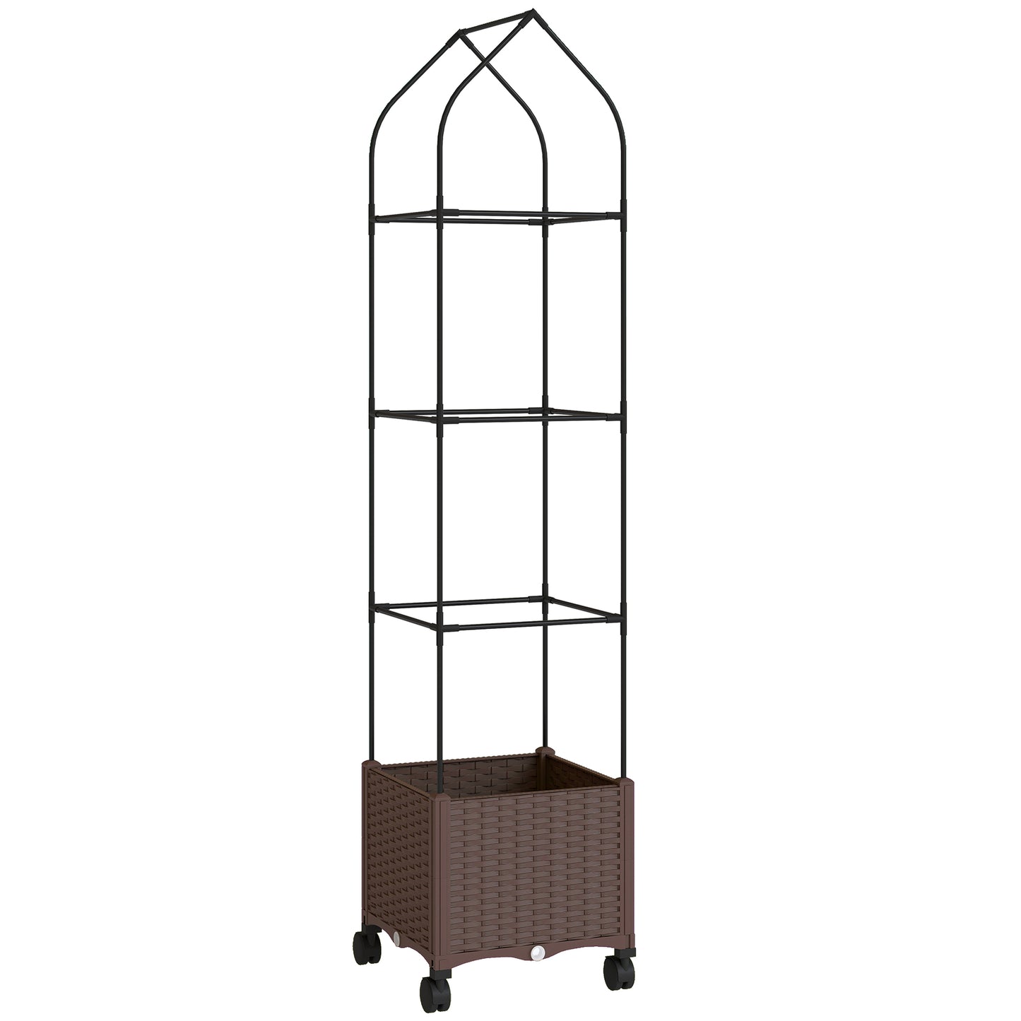 Photo of Outsunny Raised Garden Bed with Trellis, Tomato Cage with Lockable Wheels, Self Watering Planter Box with Drainage Holes, Brown in Brown colour on a white background