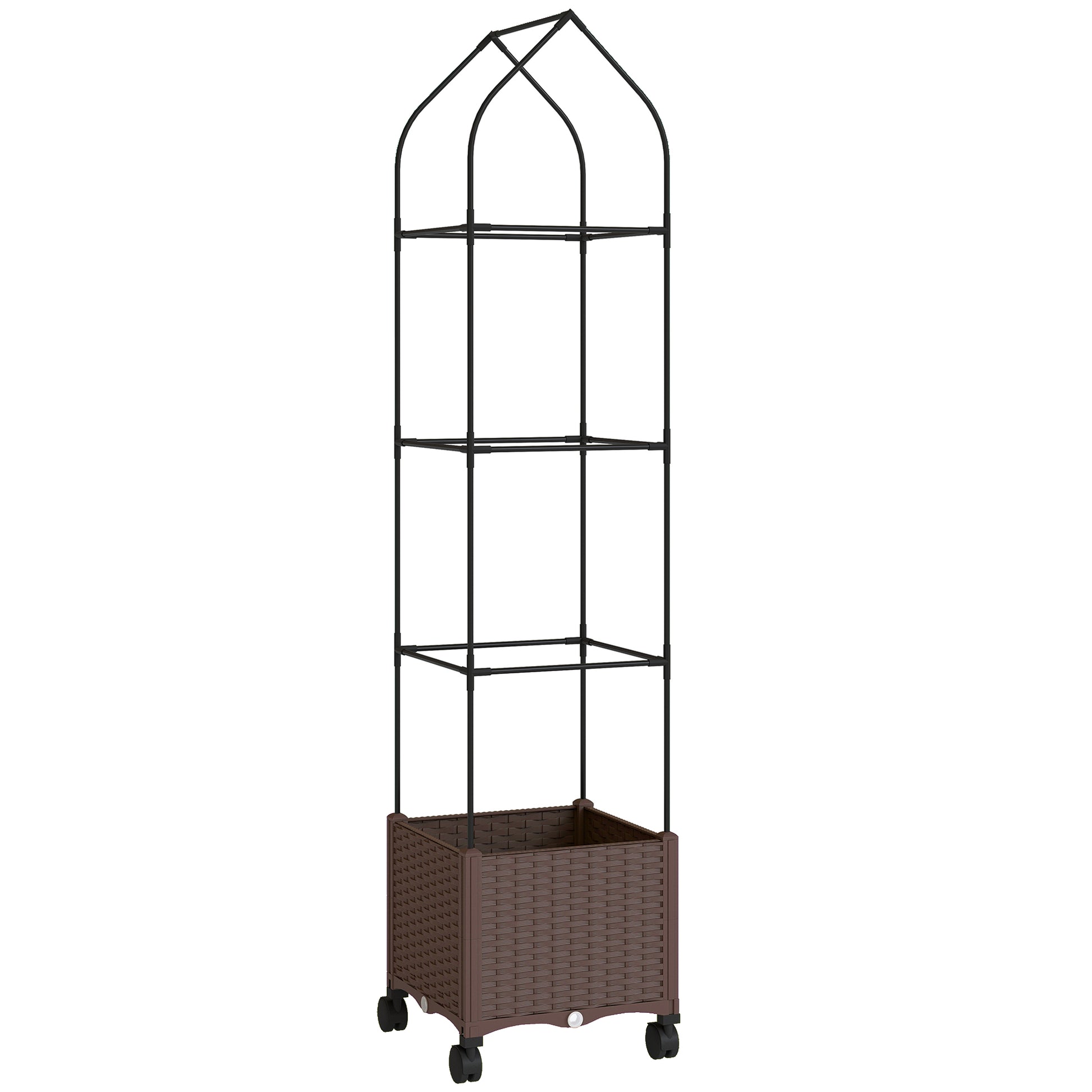 Photo of Outsunny Raised Garden Bed with Trellis, Tomato Cage with Lockable Wheels, Self Watering Planter Box with Drainage Holes, Brown in Brown colour on a white background