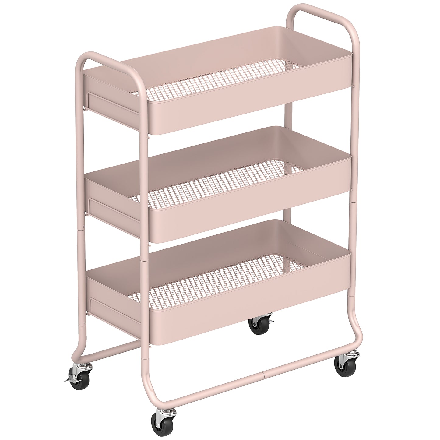 Photo of HOMCOM 3-Tier Storage Trolley on Wheels, Rolling Utility Cart with Mesh Backets for Kitchen, Bathroom, Bedroom, Light Pink in Pink colour on a white background