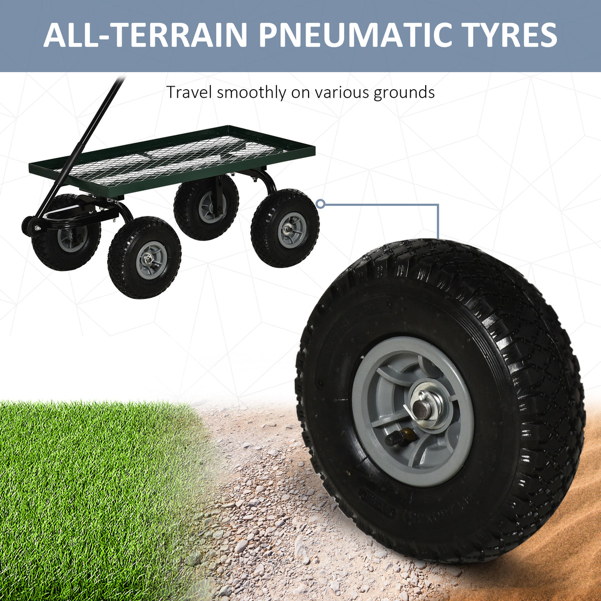 Garden trolley with four pneumatic tires; close-up shows the rugged tread and wheel hub