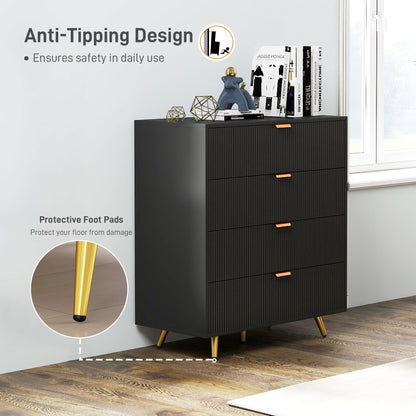 Black four-drawer bedside table with gold-tone legs and protective foot caps