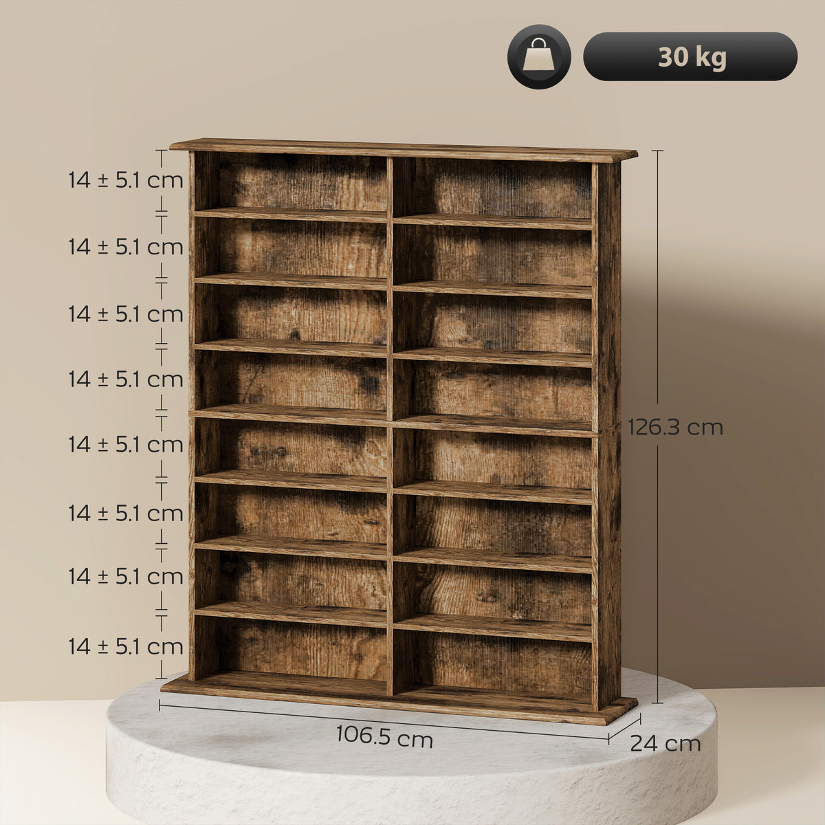 HOMCOM 16-Compartment Media Shelf - Rustic Brown
