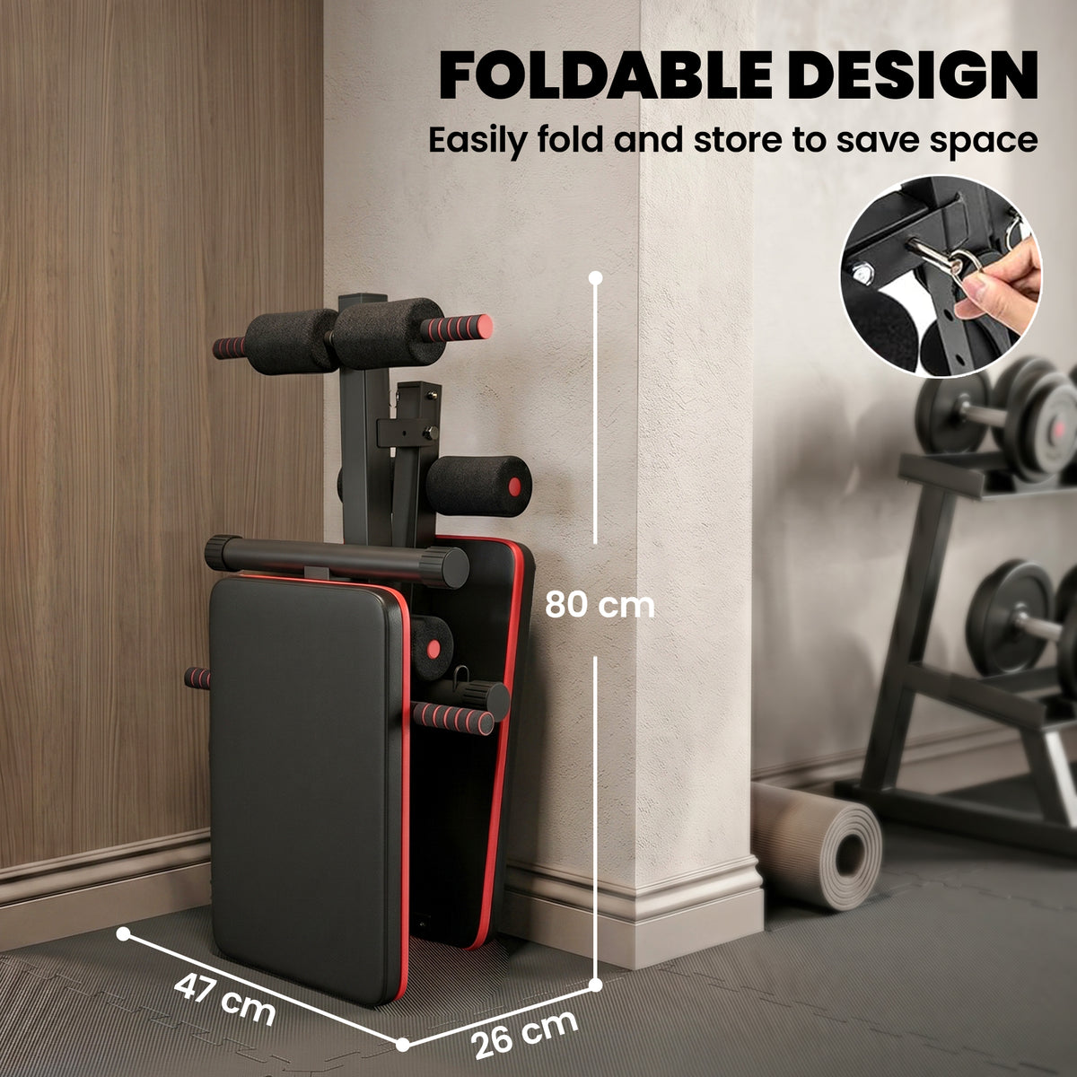 HOMCOM sit-up bench folded upright for compact storage