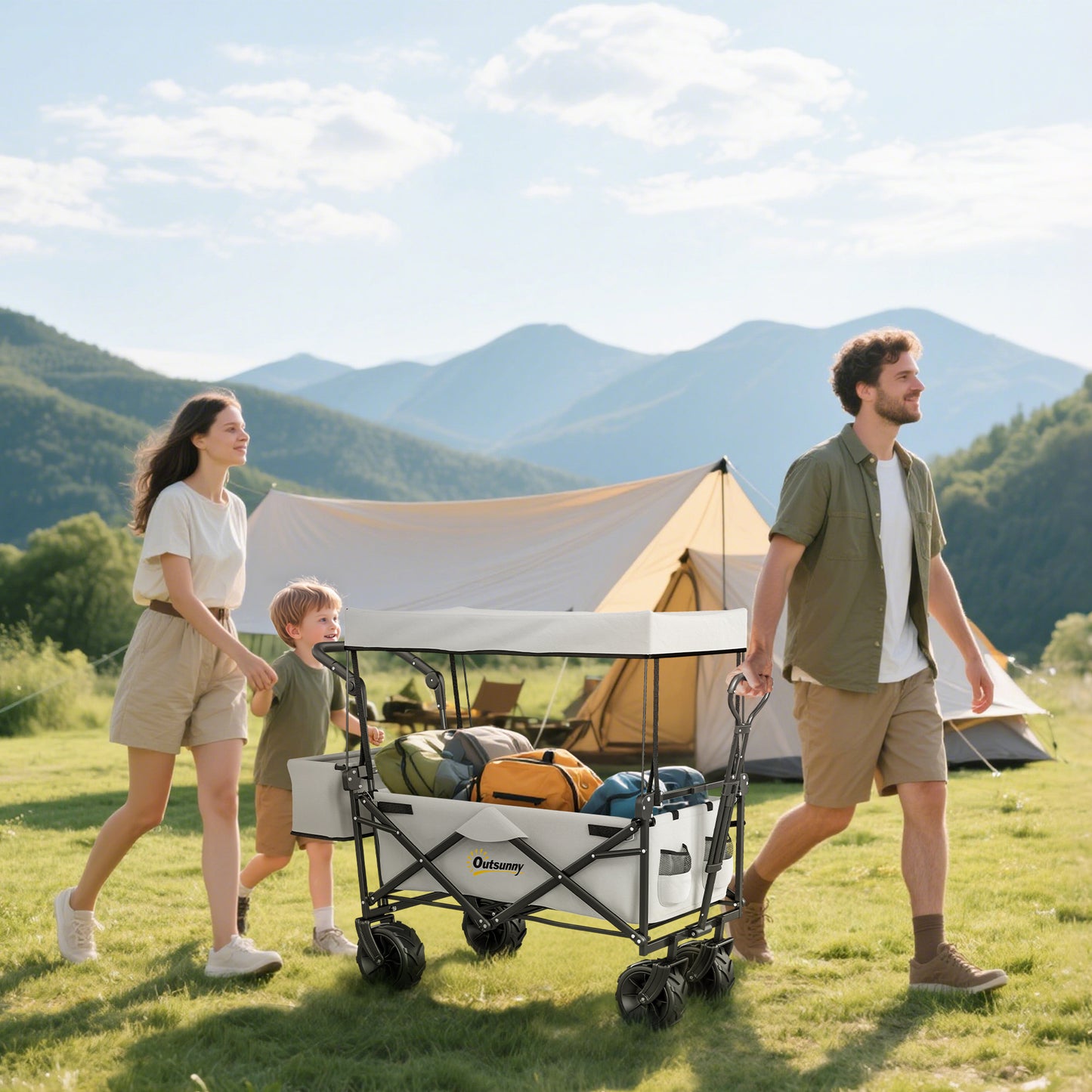 Outsunny 180L Festival Trolley on Wheels, Push & Pull Beach Cart with Removable Canopy, Wide All-Terrain Wheels, Folding Camping Trolley Cart, Adjustable Handle for Garden Fishing Shopping, Grey