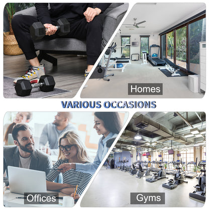 Hex dumbbells shown in use at home and alongside gym settings.