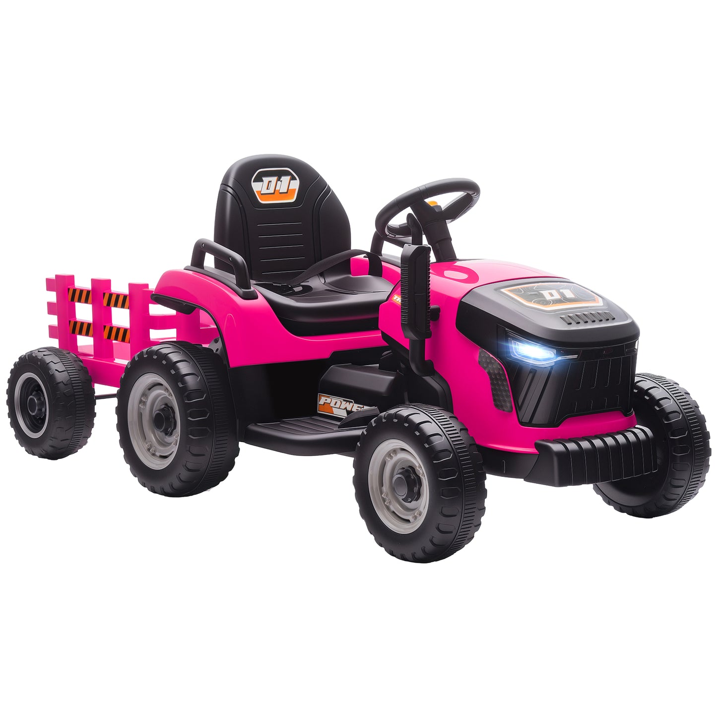 Photo of AIYAPLAY 12V Ride on Tractor and Trailer with Remote Control, Music, Shifter, Start-Up Sound, for Kids Ages 3-8 Years, Pink in Pink colour on a white background