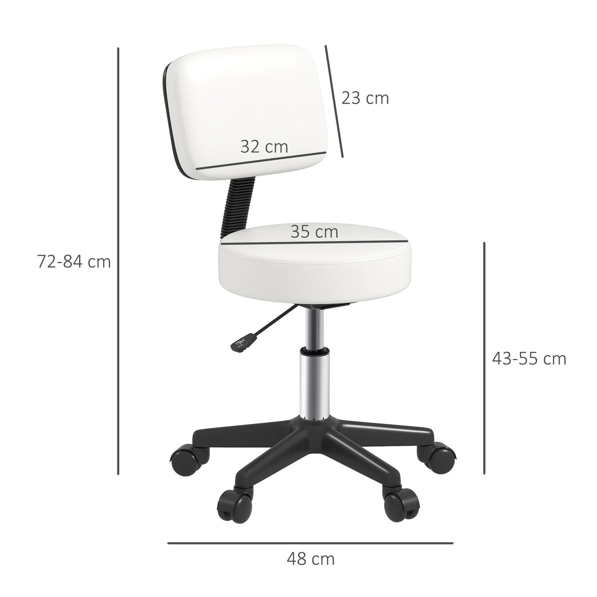White salon chair with dimensions shown for seat, backrest, and overall height