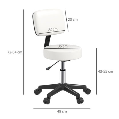 White salon chair with dimensions shown for seat, backrest, and overall height