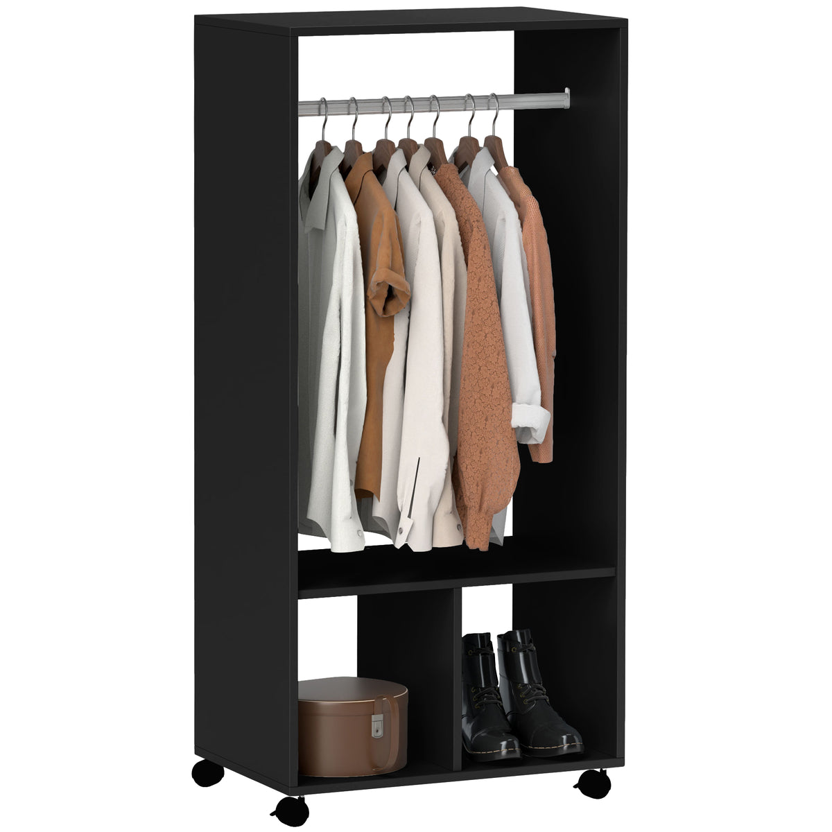 Black open wardrobe with a hanging rail, two storage shelves, and clothes on wheels