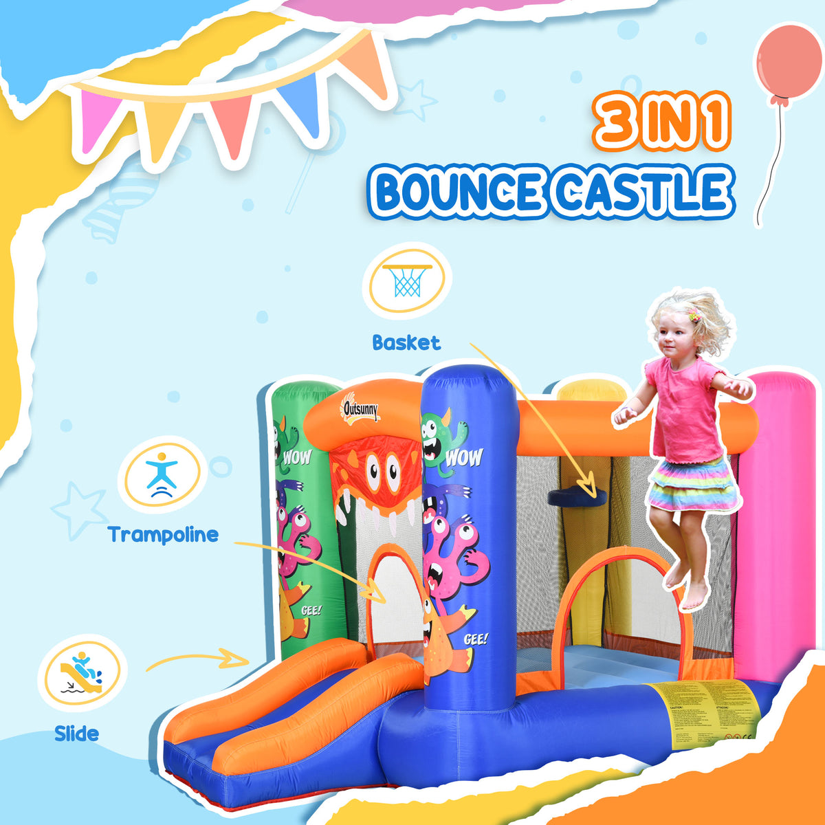 Inflatable bounce house with twin slides, mesh enclosure, and basketball hoop