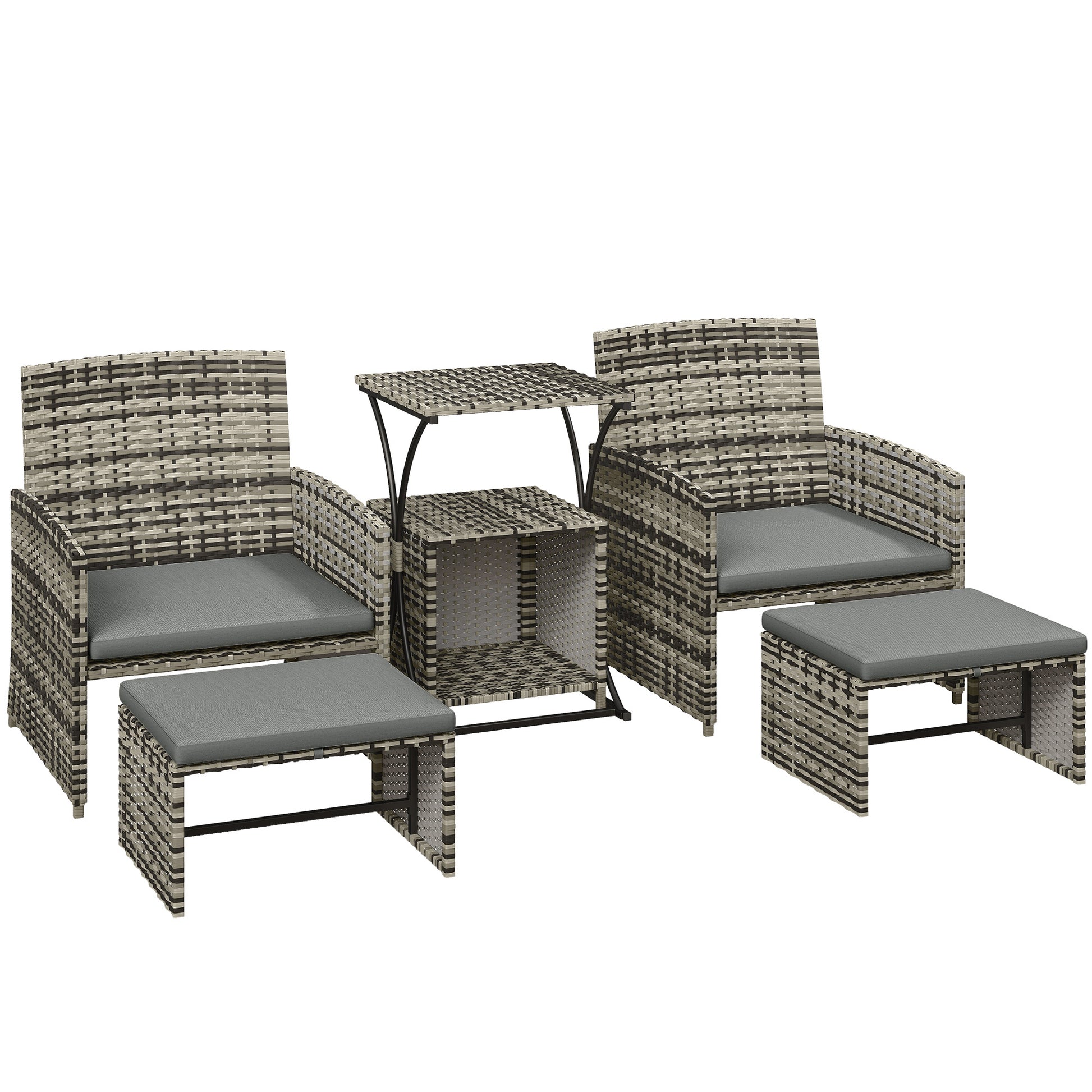 Photo of Outsunny 6 Piece Rattan Garden Furniture, Space-Saving Patio Furniture Set with Nesting Tables, Chairs, Stools, Cushions, Grey in Grey colour on a white background