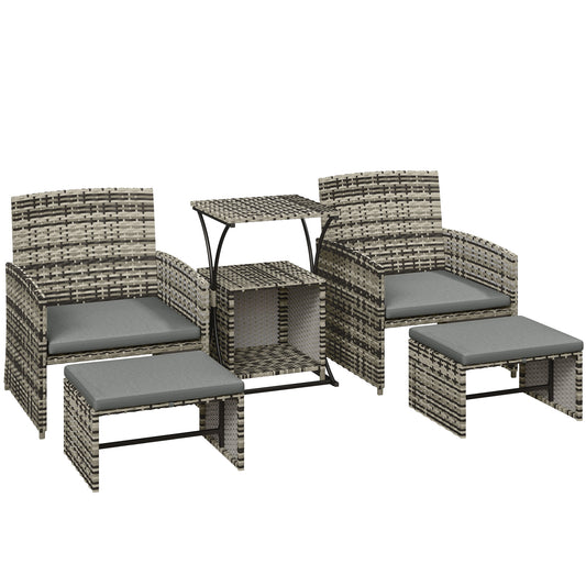 Photo of Outsunny 6 Piece Rattan Garden Furniture, Space-Saving Patio Furniture Set with Nesting Tables, Chairs, Stools, Cushions, Grey in Grey colour on a white background