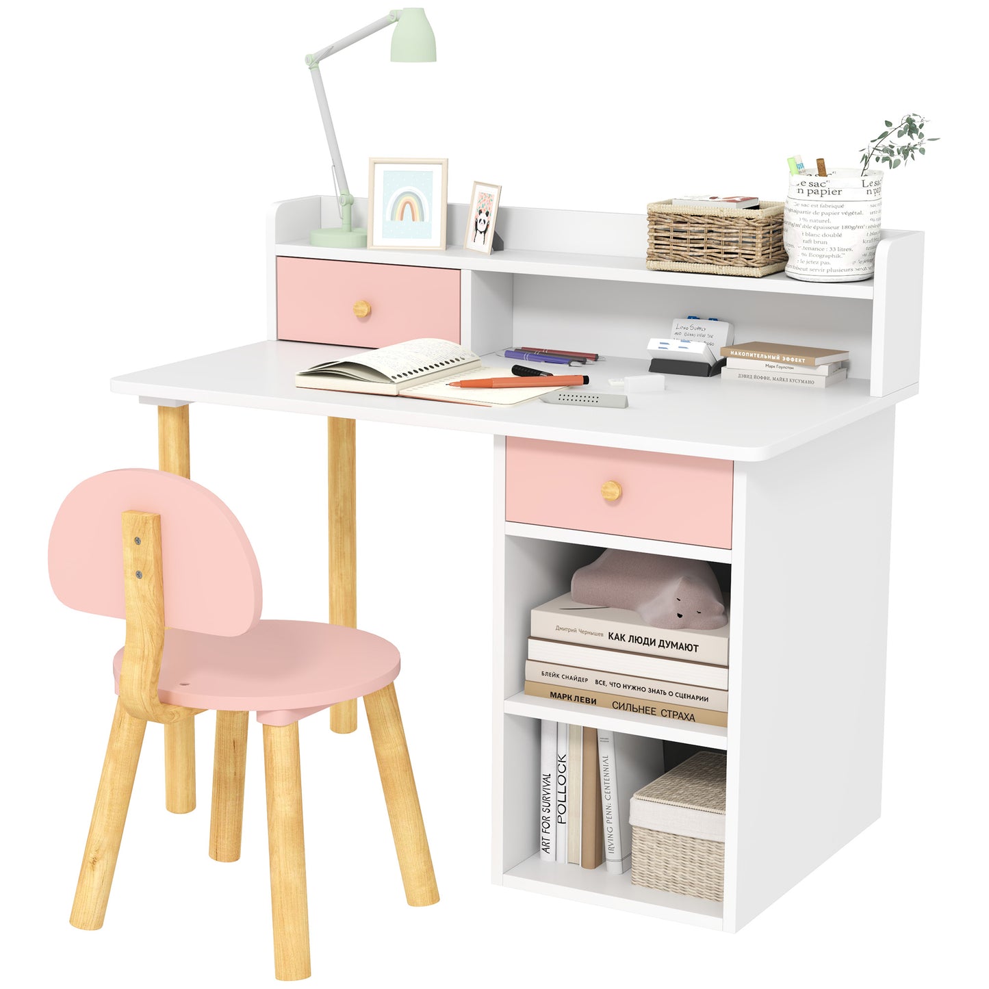 Photo of AIYAPLAY 2 Pieces Children Study Table with Hutch, Kids Desk and Chair Set with Storage, Drawer, Shelves, Pink in Pink colour on a white background