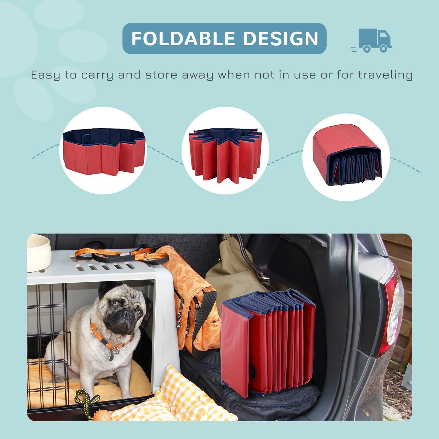 PawHut Foldable Dog Pool for Puppies and Ducks, Thickened PVC Dog Paddling Pool Bath Tub Hard Board, Anti-Slip Bottom and Drainage Hole, 80 x 20cm, Red and Blue