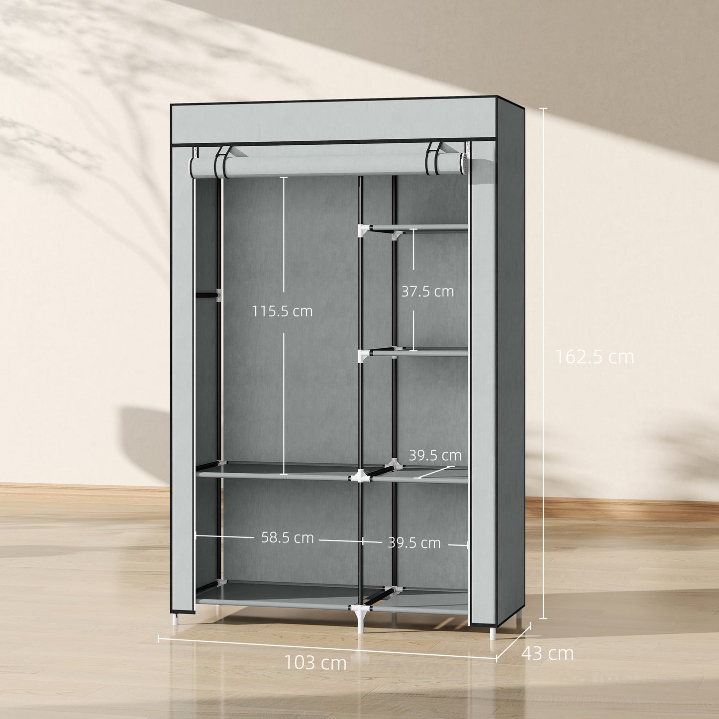 HOMCOM Fabric Wardrobe w/ Shelves Hanging Rail Foldable Wardrobe Light Grey