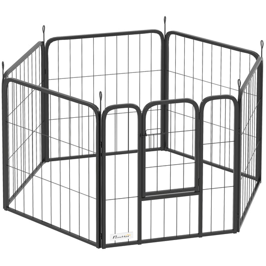Photo of PawHut Six-Panel Dog Playpen with Door, for Small Dogs, Indoors, Outdoors, 60cm Tall, Black in Black colour on a white background