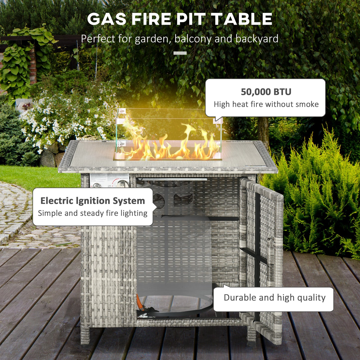 Outsunny 14.5 KW Rattan Gas Fire Pit Dining Table with Rain Cover, Wind Guard, Lid, Lava Rocks, Grey