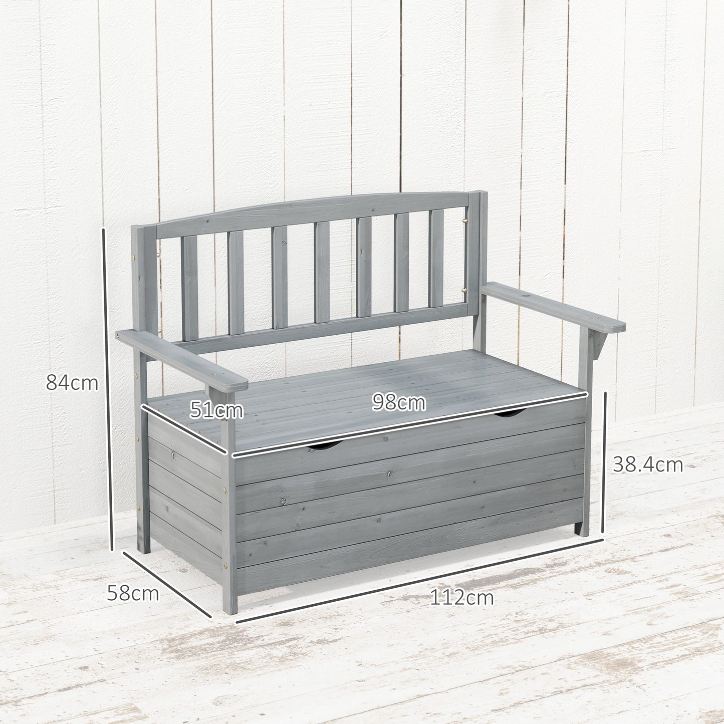 Outsunny Outdoor 2 Seater Garden Bench, Wooden Bench with Storage, Backrest, Arm Rests, 112 x 84 x 58 cm, Grey