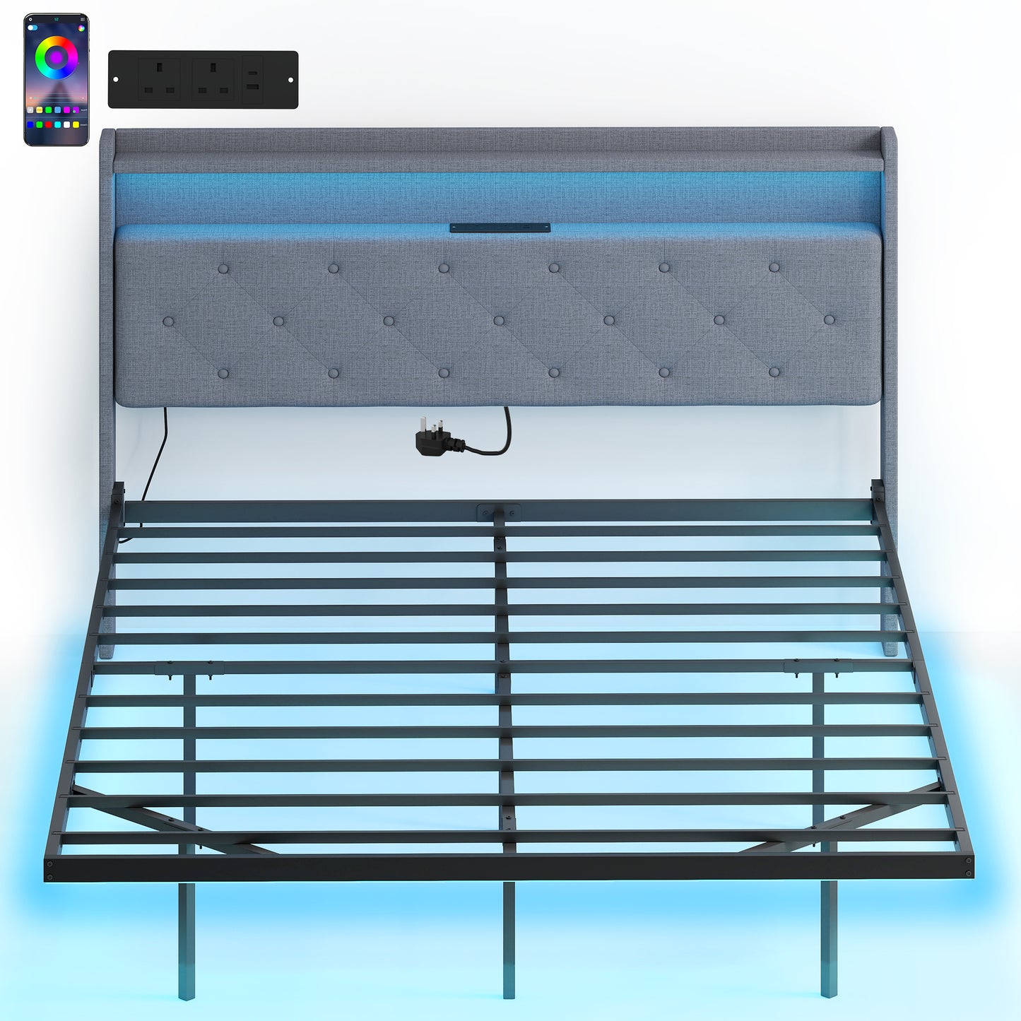 Photo of HOMCOM Floating Bed Frame, Upholstered 5ft King Size Bed, Platform Bed with RGB LED Lights and Charging Station, Grey in Grey colour on a white background