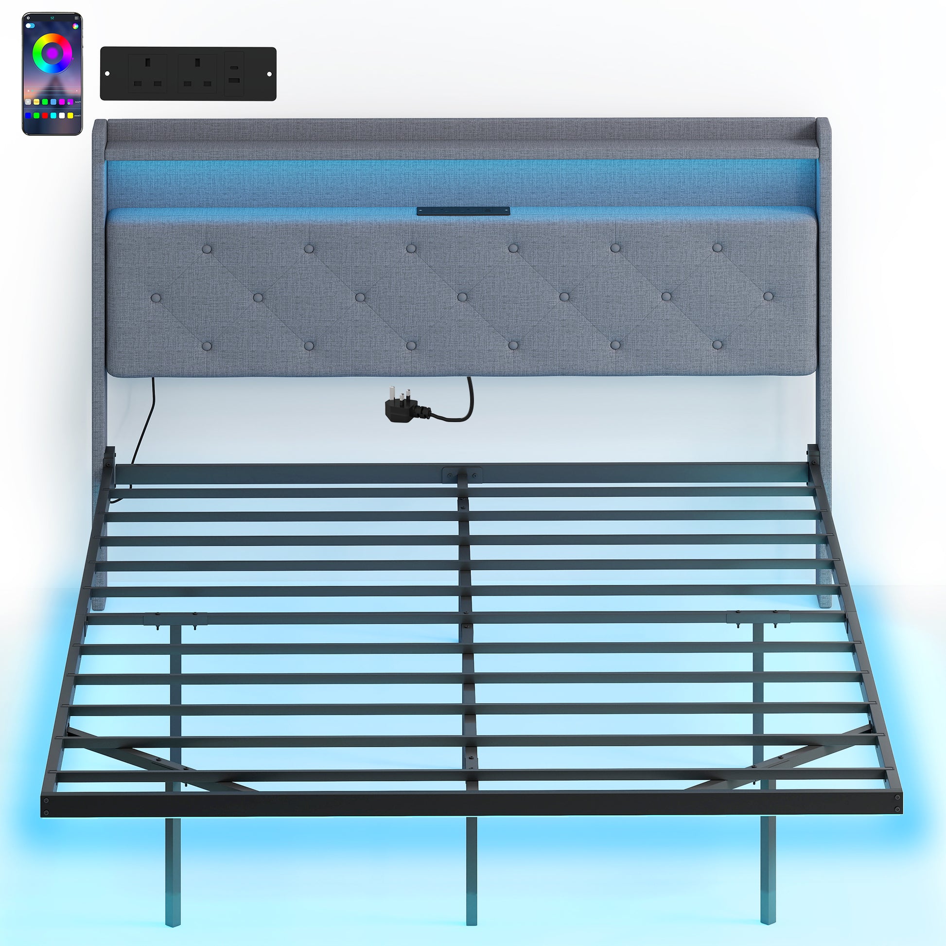 Photo of HOMCOM Floating Bed Frame, Upholstered 5ft King Size Bed, Platform Bed with RGB LED Lights and Charging Station, Grey in Grey colour on a white background