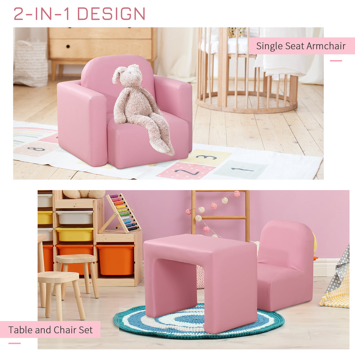 Pink toddler sofa chair shown alone and converted into a table and chair set