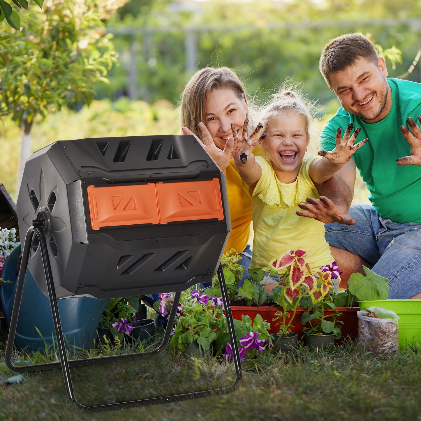 Outsunny 160L 360° Rotating Dual Chamber Composter - Orange