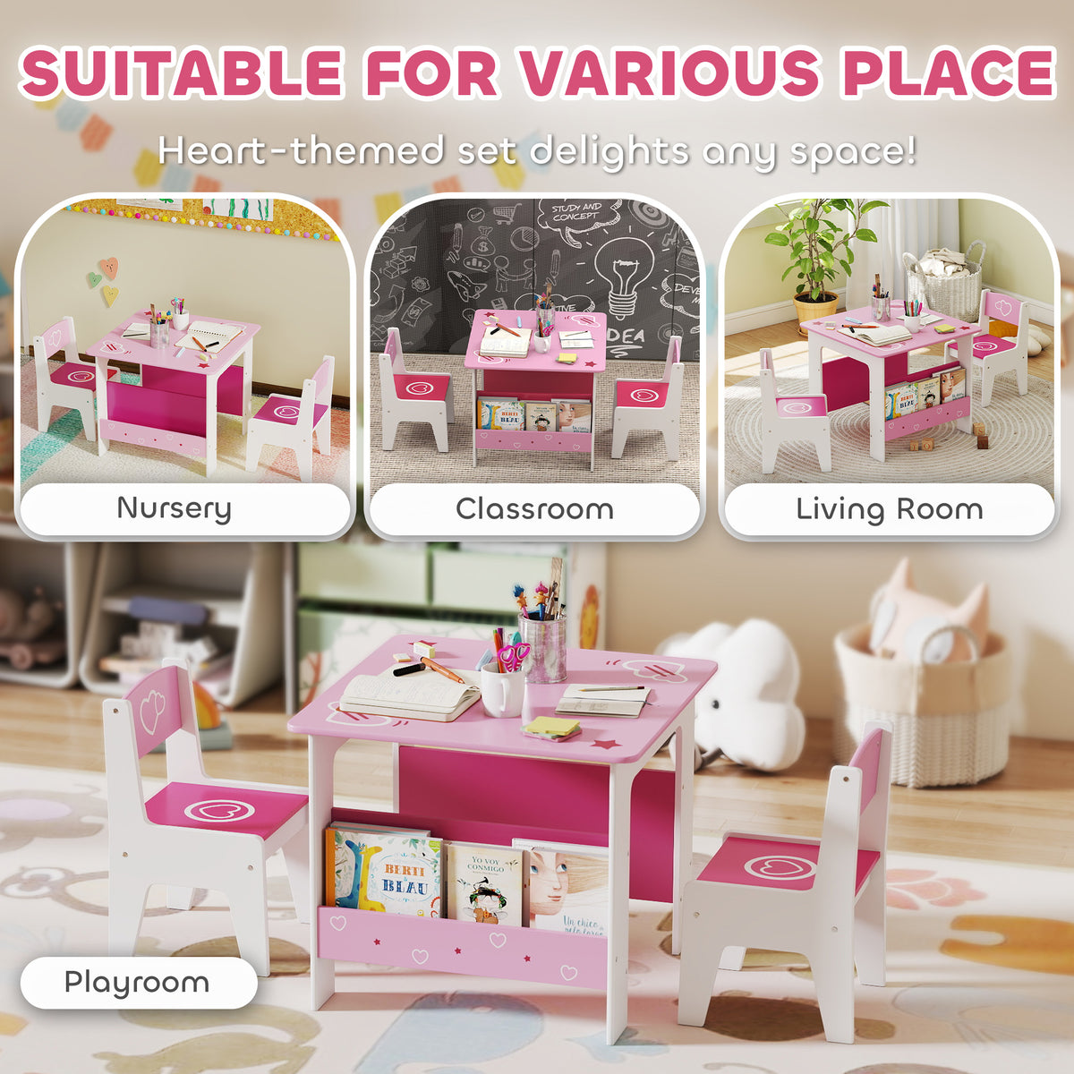 AIYAPLAY 3 Pieces Kids Table and Chair Set, Toddler Activity Table with Bookshelves, for Living Room, Nursery, Playroom, Pink