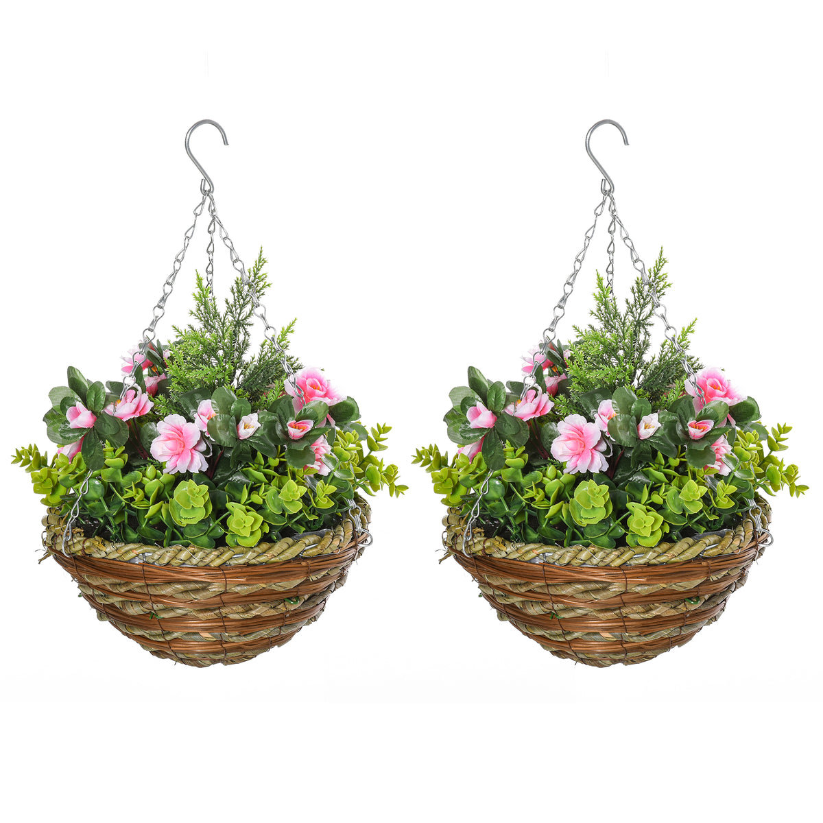 Pair of hanging flower baskets with pink blooms, green foliage, woven pots and metal chains