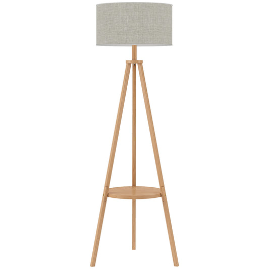 Photo of HOMCOM Bedside Light, Tripod Floor Lamp with Storage Shelf and Linen Shade for Living Room, 160cm, Natural Wood Colour in Colour colour on a white background