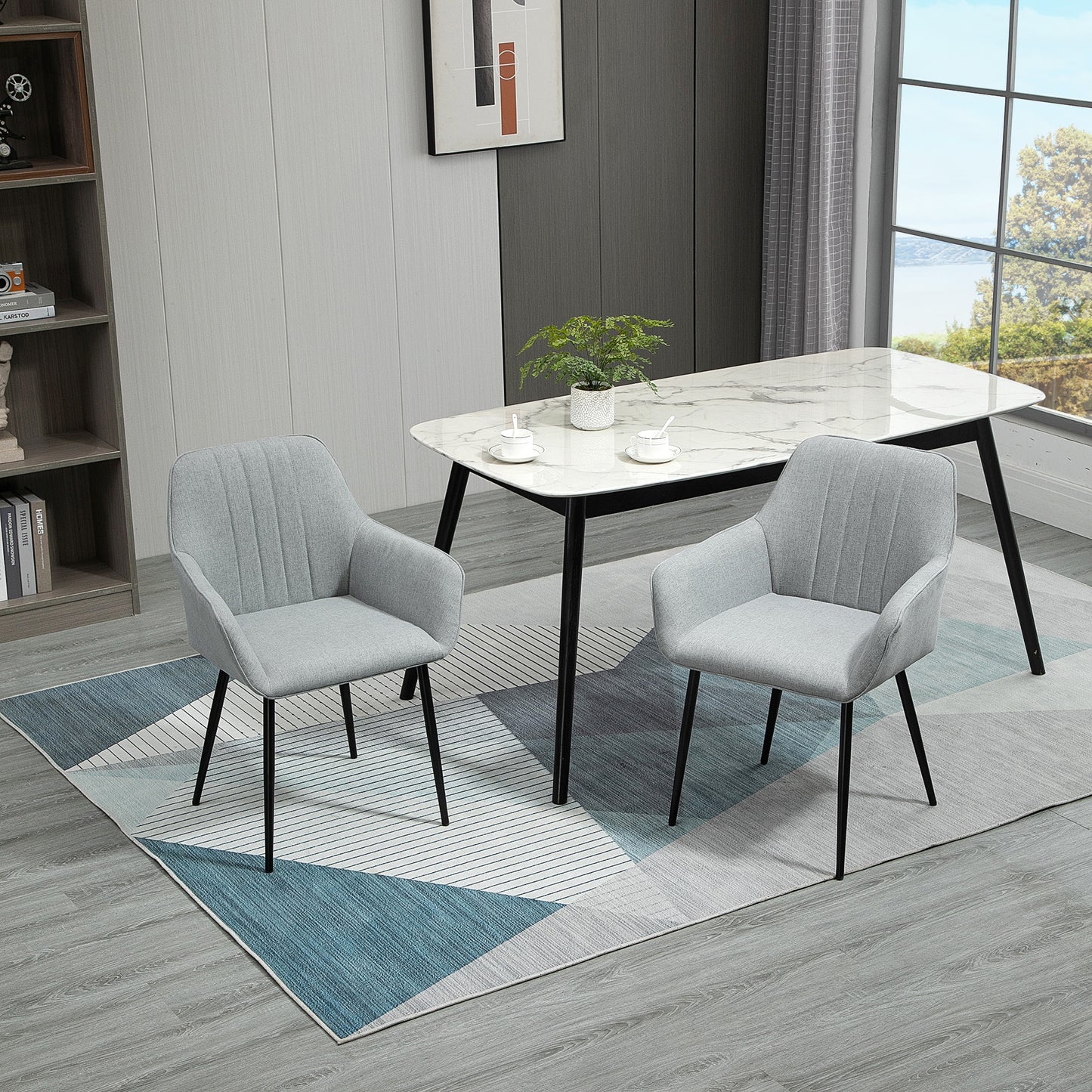 HOMCOM Dining Chairs Set of 2, Upholstered Linen Fabric Kitchen Chairs with Metal Legs for Living Room Dining Room, Light Grey