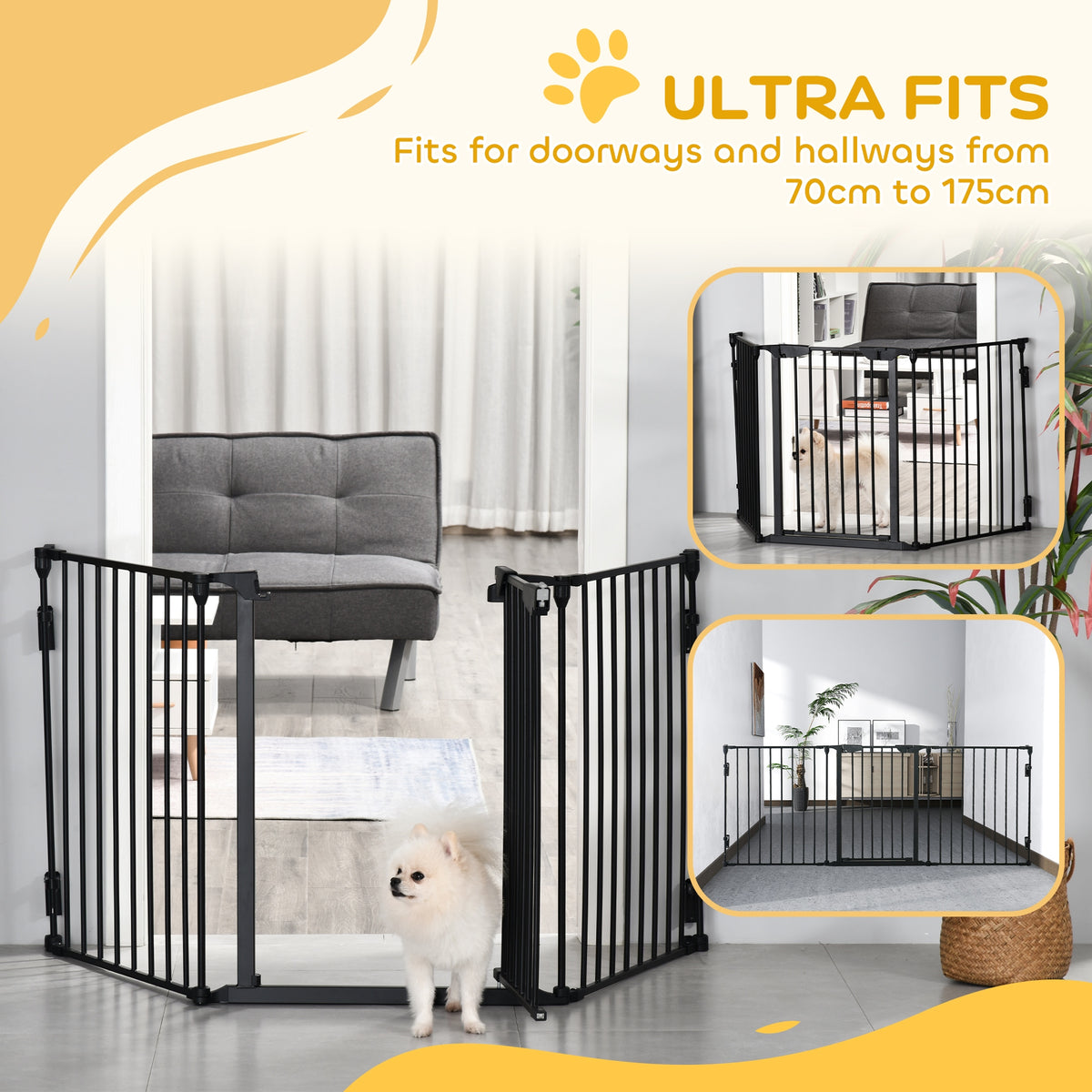 PawHut black metal pet gate configured across a doorway and around a room