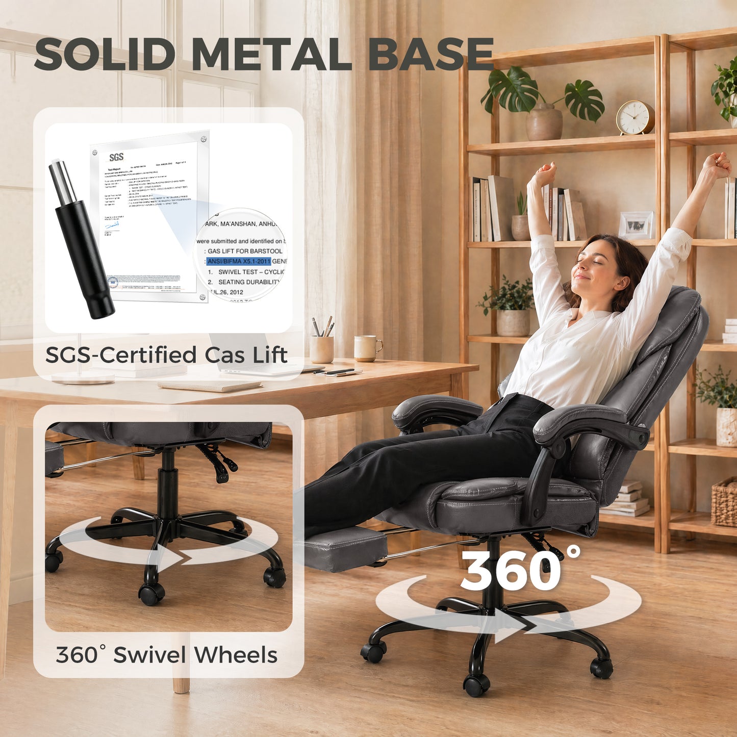 HOMCOM Executive Home Office Chair Reclining Function Footrest Computer Desk Chair High Back, Grey