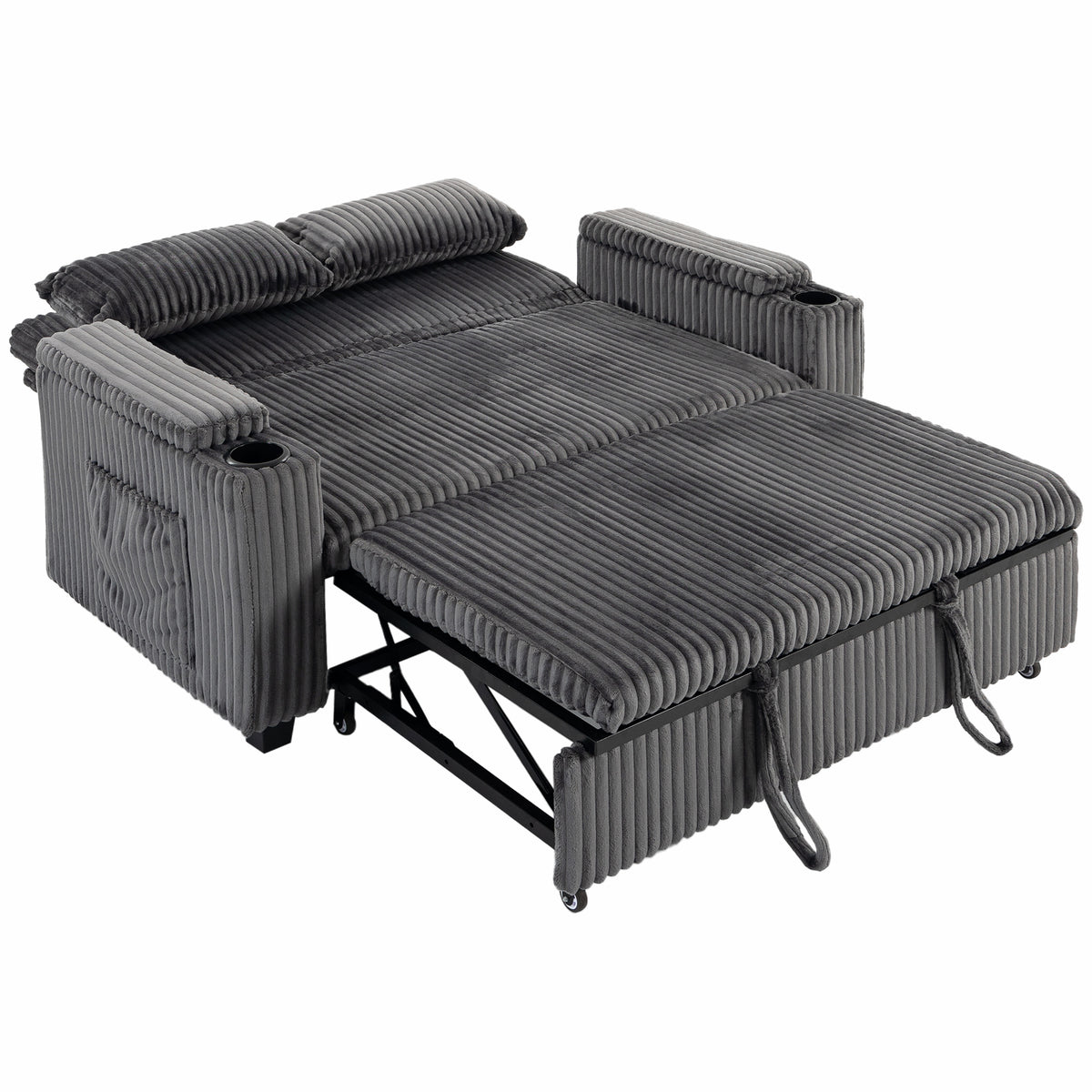 Photo of HOMCOM 2 Seater Sofa Bed, Pull Out Sleeper Sofa w/ Adjustable Backrest, Storage Armrests, Cup Holders, Side Pockets, Dark Grey in Grey colour on a white background