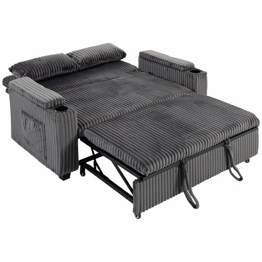 Photo of HOMCOM 2 Seater Sofa Bed, Pull Out Sleeper Sofa w/ Adjustable Backrest, Storage Armrests, Cup Holders, Side Pockets, Dark Grey in Grey colour on a white background