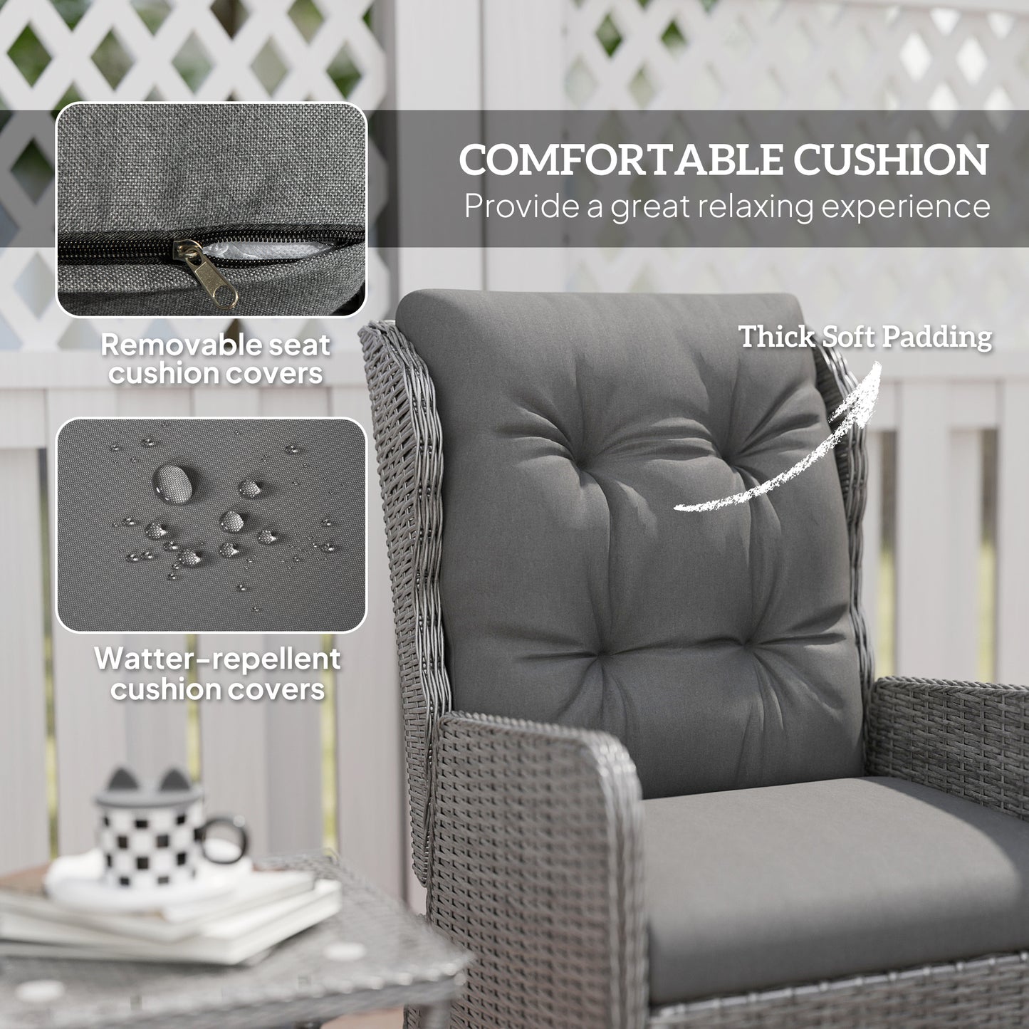 Outsunny 5 Pieces Rattan Bistro Set with Adjustable Back, Reclining Wicker Balcony Furniture with Cushions, Glass Top Coffee Table and Footstools, Outdoor Table and Chairs, Light Grey